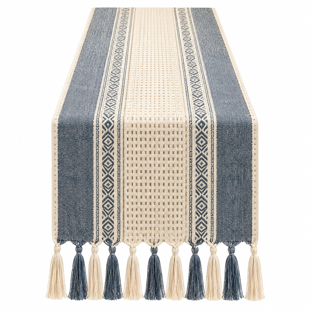 Camino de Mesa Bohemio con Flecos Azul y Beige 180x33 cm
