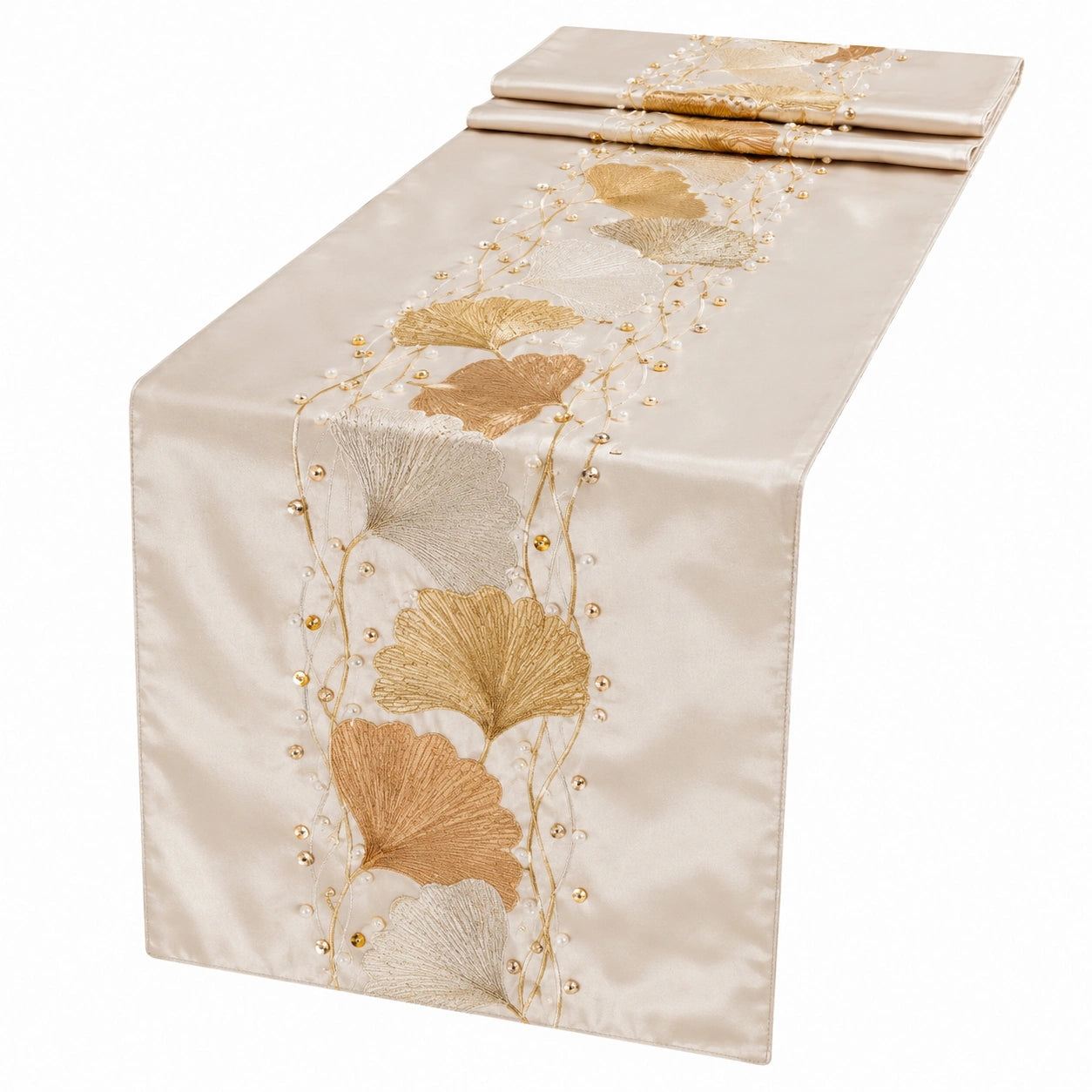 Camino de Mesa Beige y Oro con Bordado de Hojas