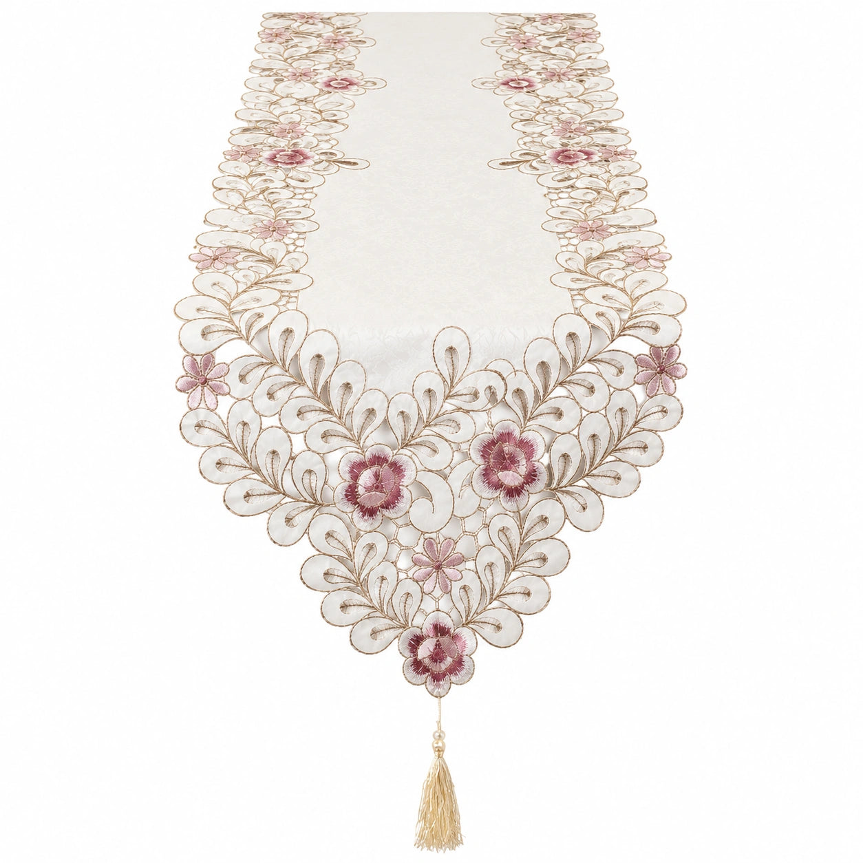 Camino de Mesa Floral Bordado con Borlas Blanco/Rosa