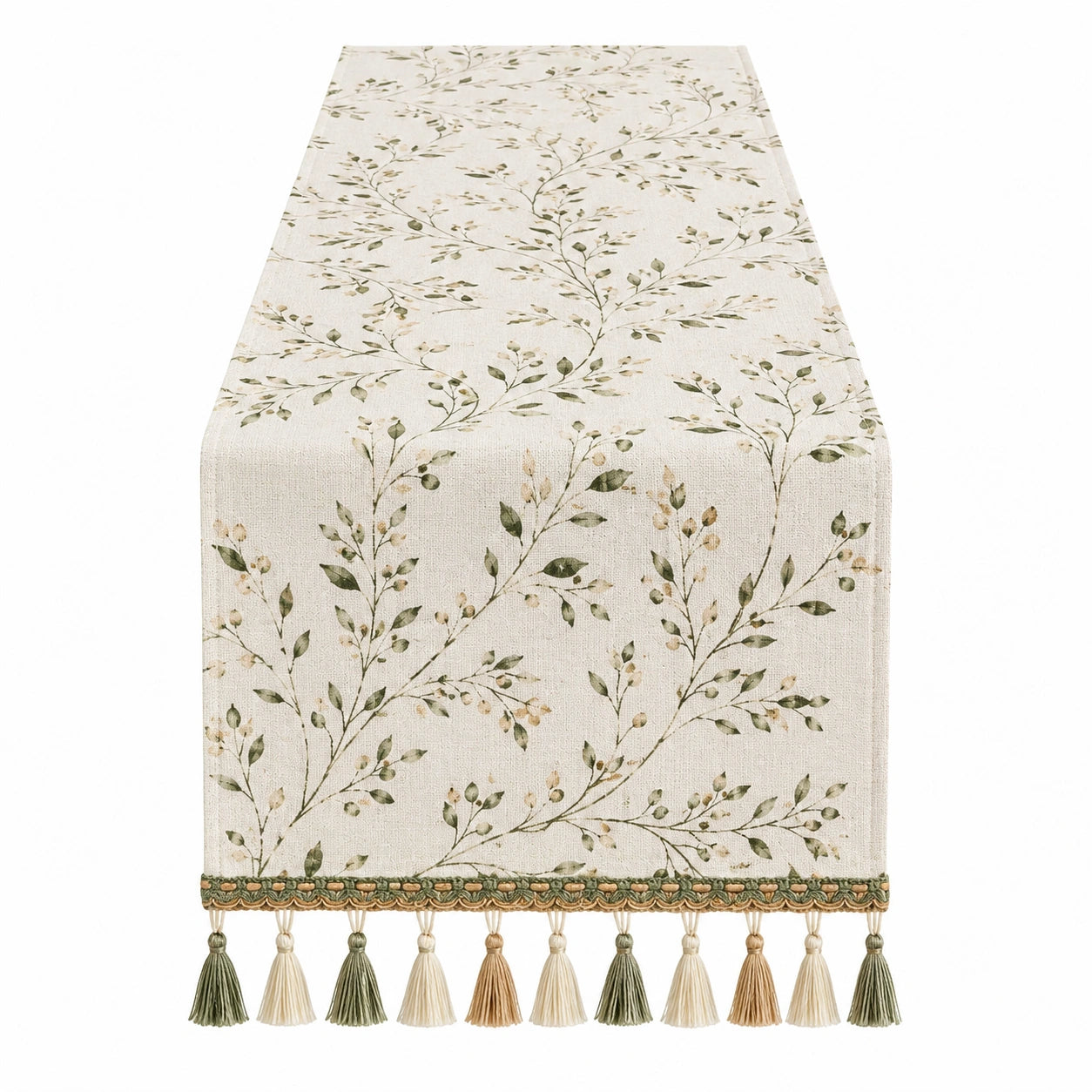 Camino de Mesa Decorativo con Borlas y Estampado Floral en Beige y Verde
