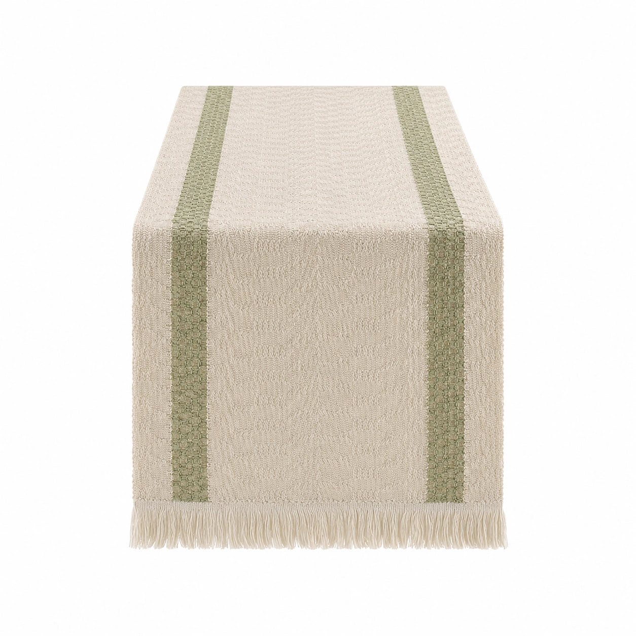 Camino de Mesa Beige con Franjas Verdes y Flecos