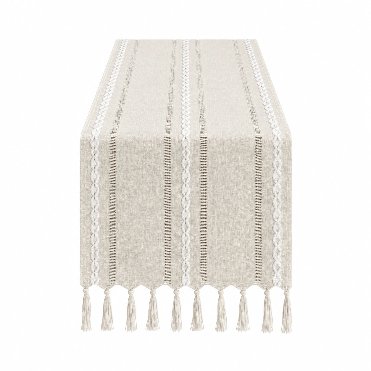 Camino de Mesa Beige con Flecos y Rayas Decorativas