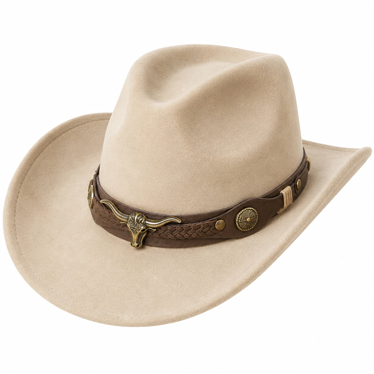 Sombrero Vaquero de Fieltro Beige con Adornos de Bronce