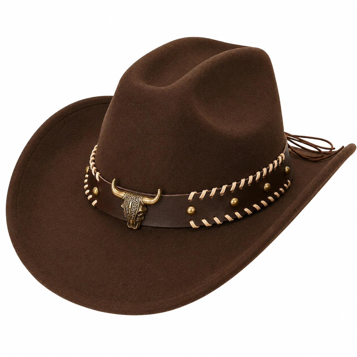 Sombrero vaquero de ala ancha marrón con detalle de toro