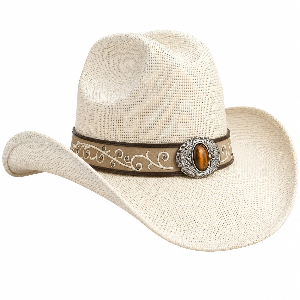 Sombrero vaquero beige con bordado y hebilla decorativa
