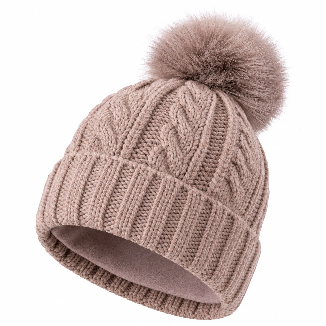 Gorro de punto trenzado con pompón beis con forro
