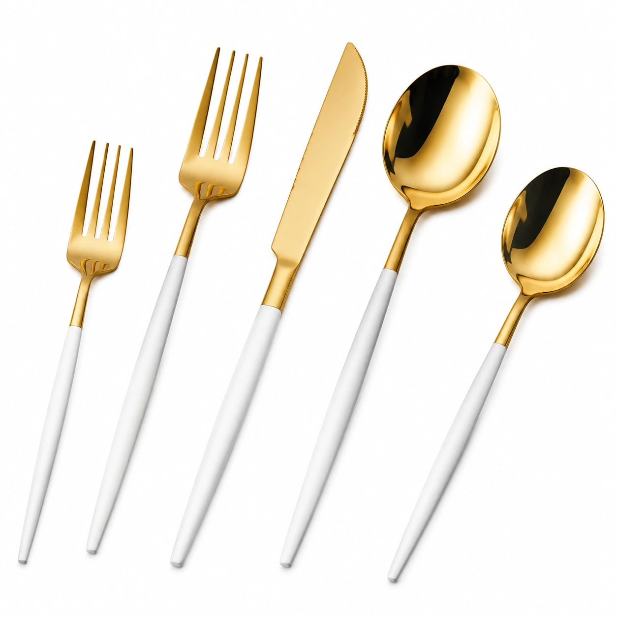 Juego de cubiertos dorado y blanco con diseño sofisticado