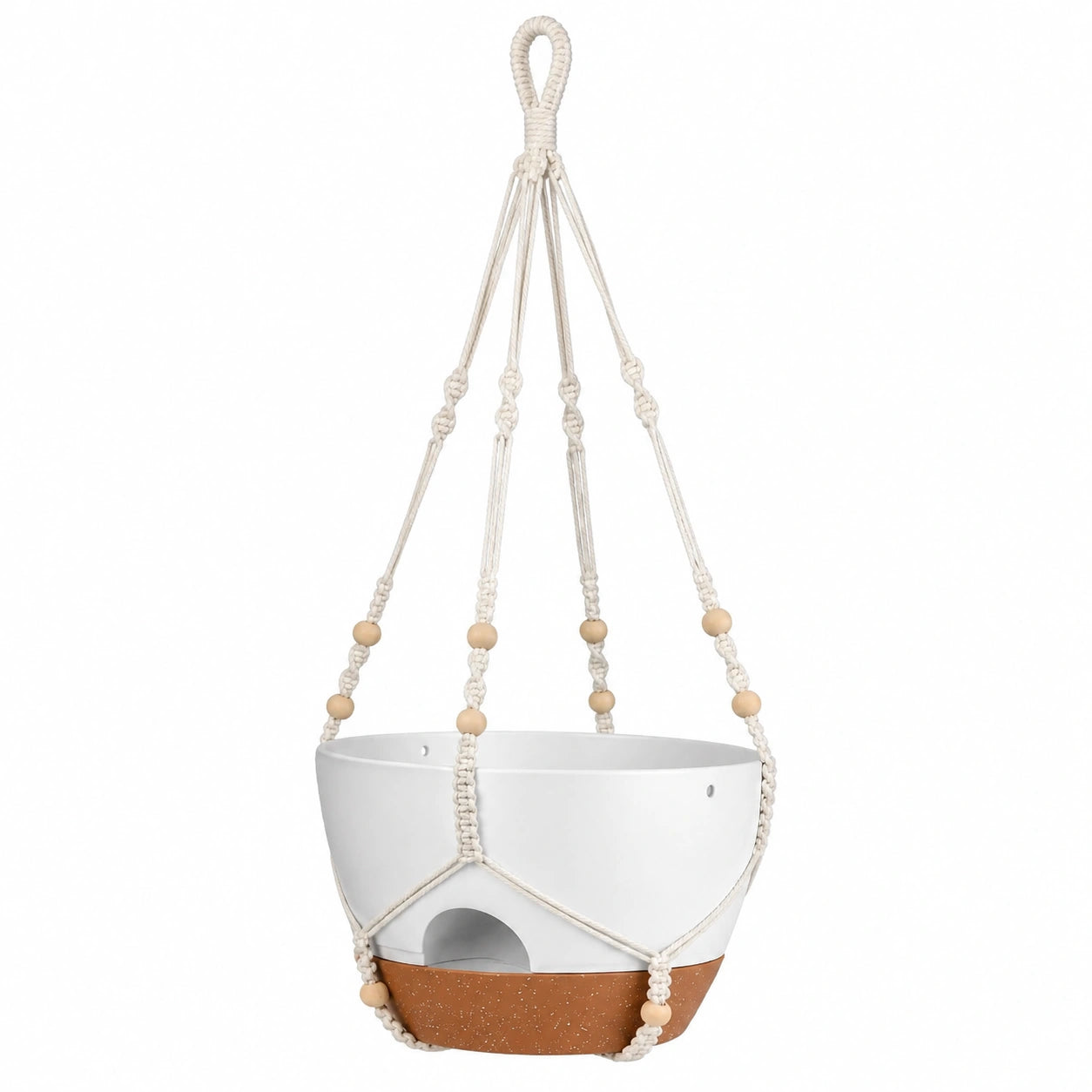 Macetero colgante de cerámica blanco y terracota con macramé