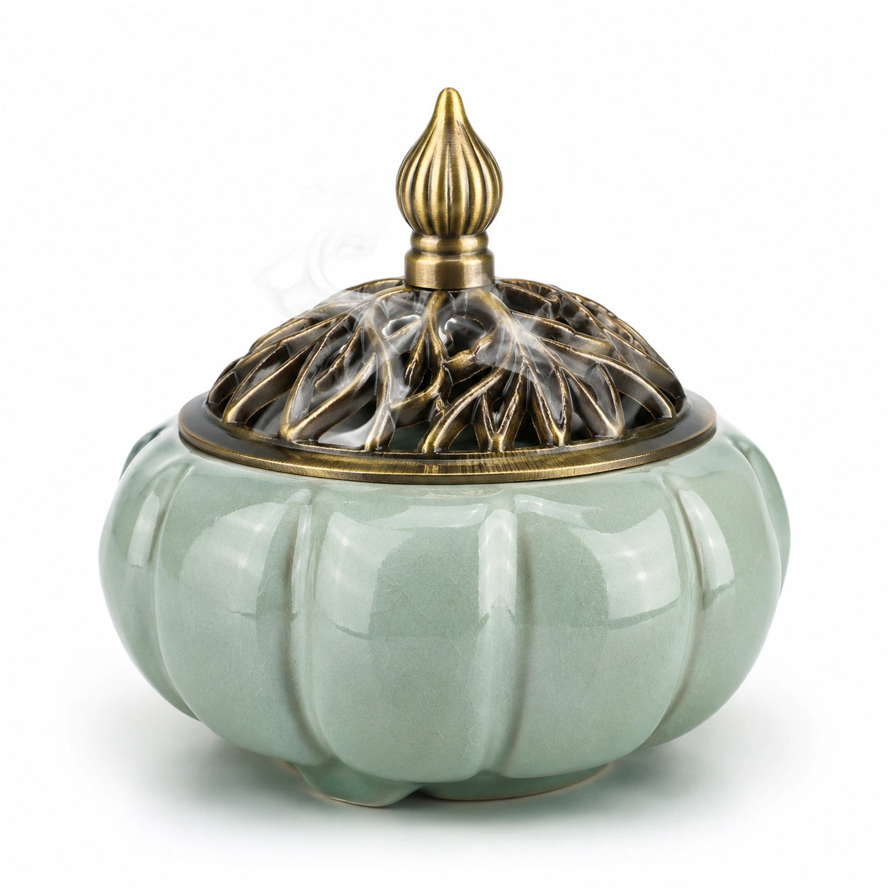 Quemador de Incienso Verde Forma de Calabaza con Tapa Calada